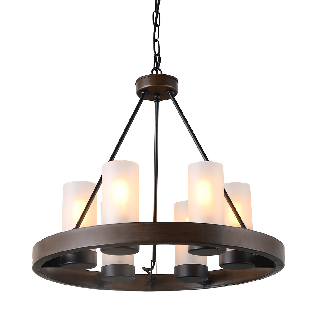 Chandeliers Loft Round Wooden Chandelier with Seeded Glass Shade Rope and Metal Pendant 6 Lights Lighting Fixture Retro Rustic Antique Ceiling Lamp 25 in